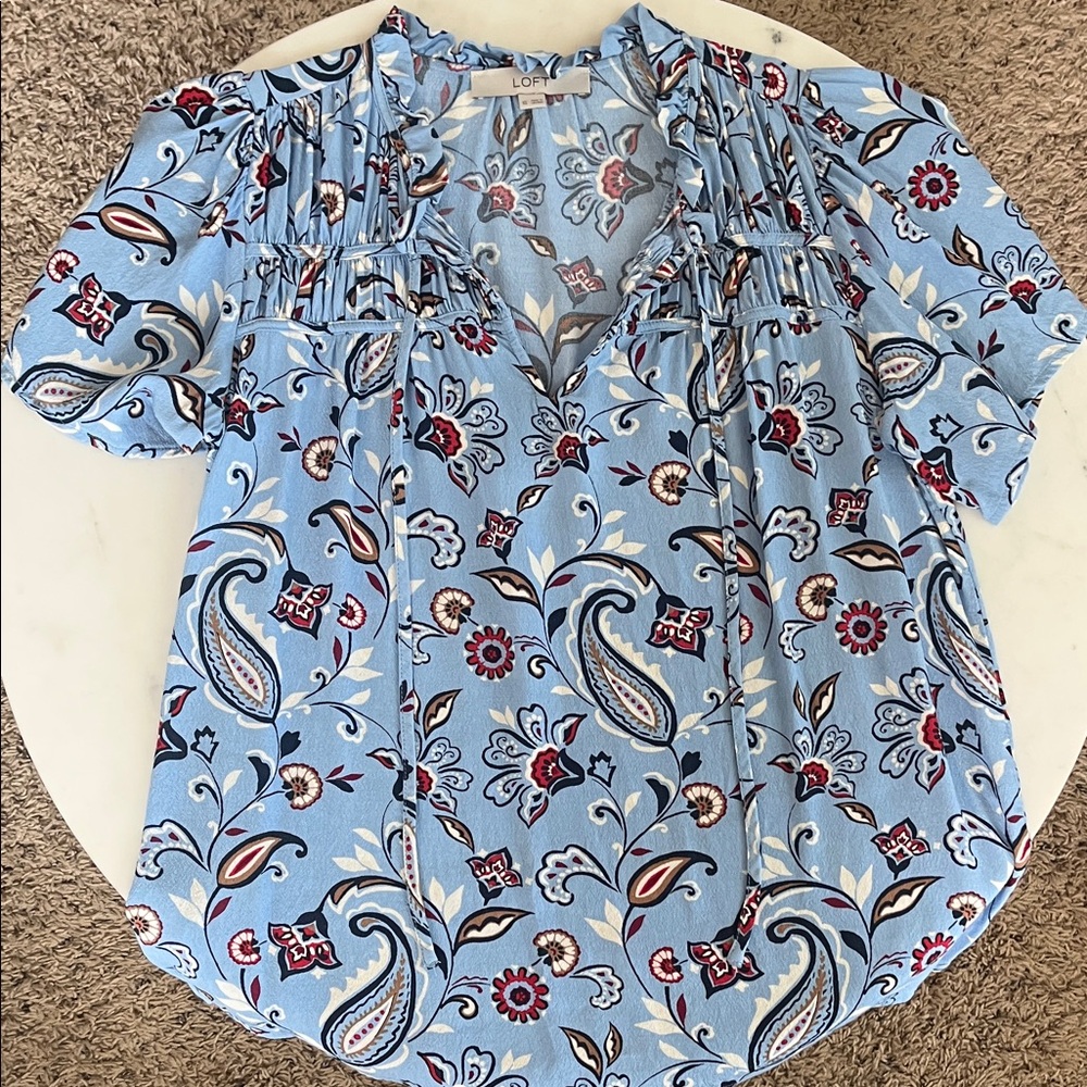 LOFT Blouse XS Light Blue Navy Red Paisley Floral Flowy